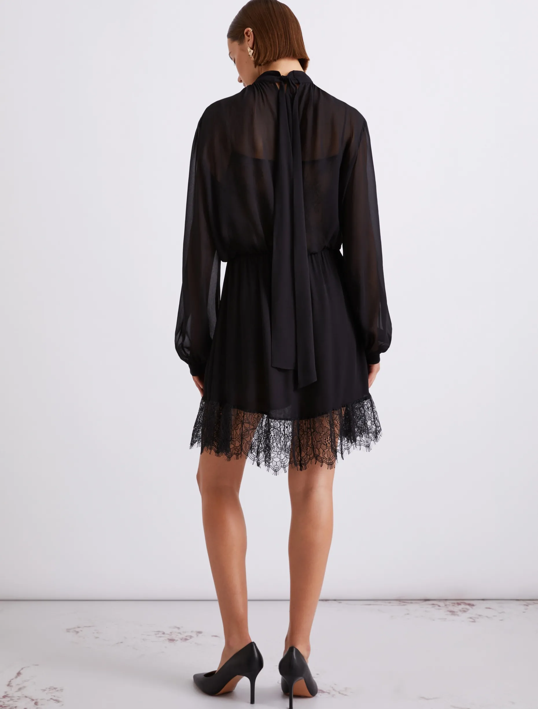 Abito in georgette e pizzo - NERO