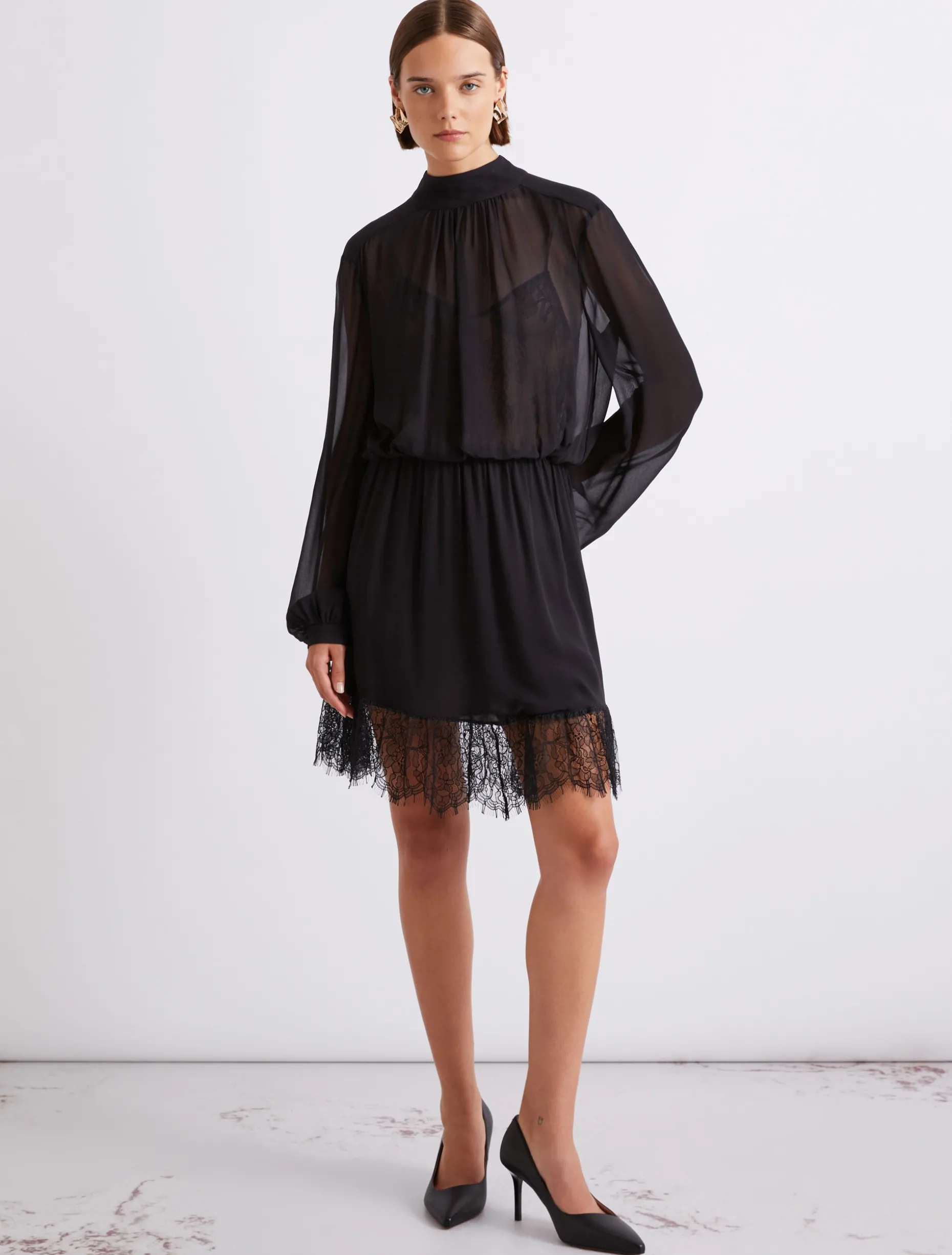 Abito in georgette e pizzo - NERO