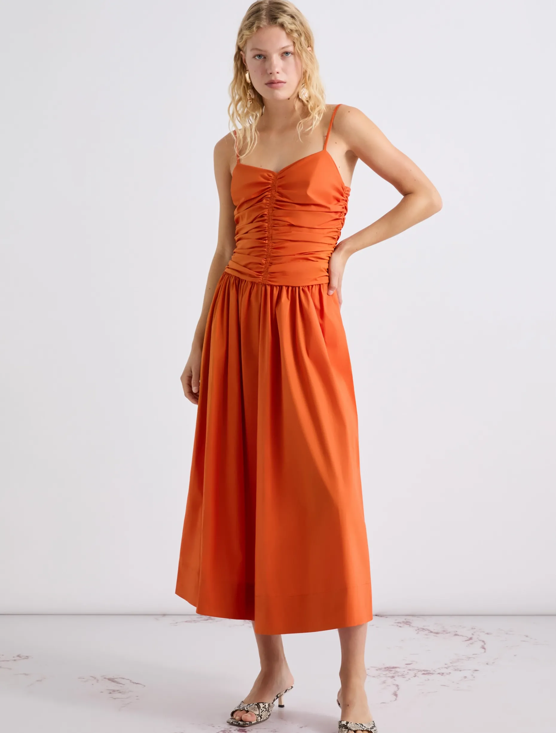 Abito in popeline con linea fit and flare - ARANCIO