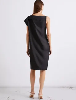 Abito in twill di seta con scollo asimmetrico - NERO