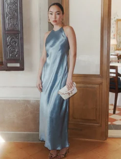 Abito smanicato in raso - AZZURRO POLVERE