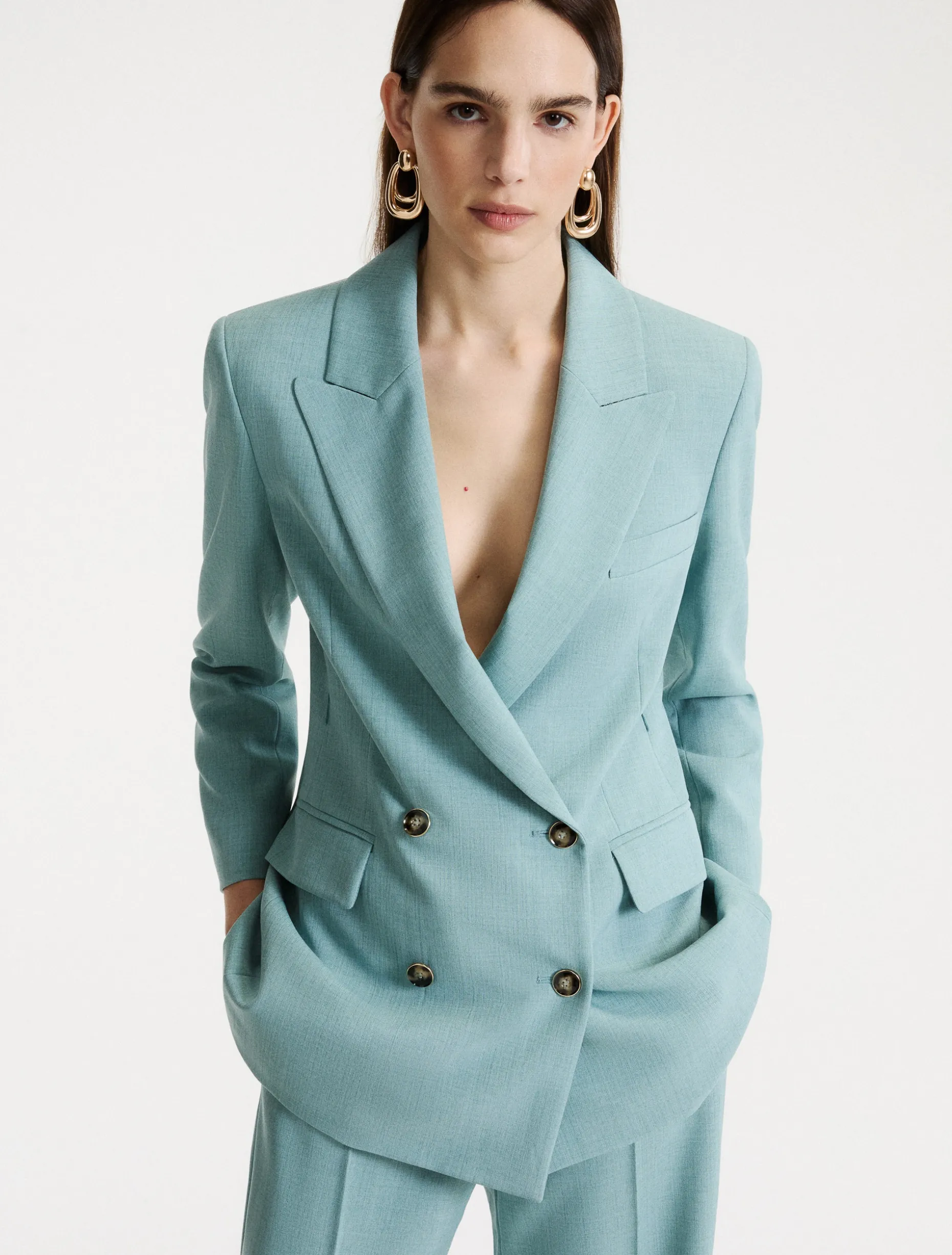 Blazer doppiopetto con cintura - VERDE ACQUA