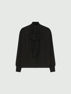 Blusa con nastro in georgette crêpe - NERO