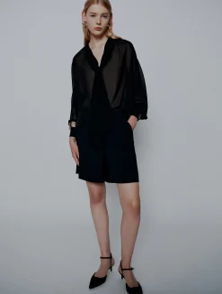 Blusa con nastro in georgette crêpe - NERO