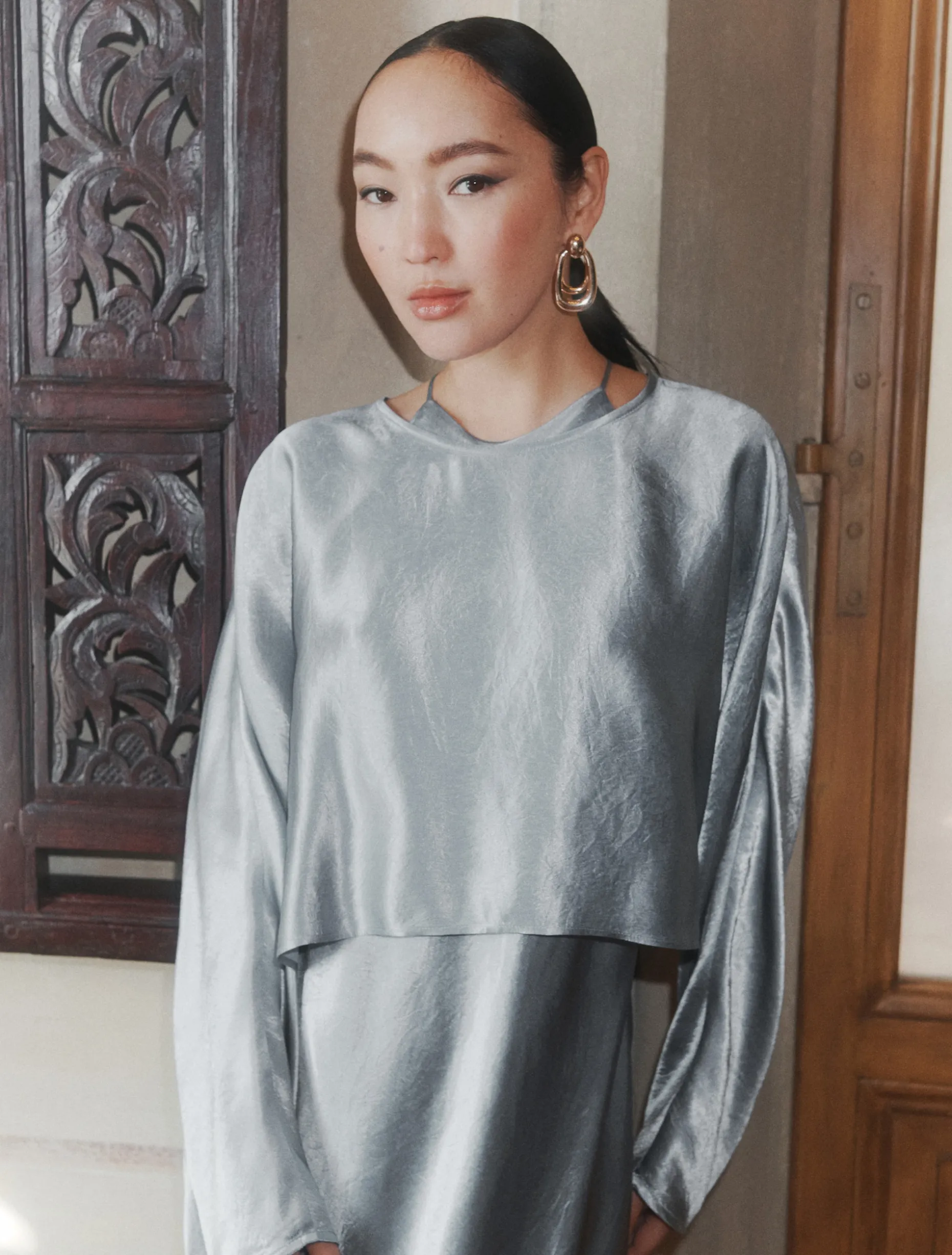 Blusa in raso leggero - AZZURRO POLVERE