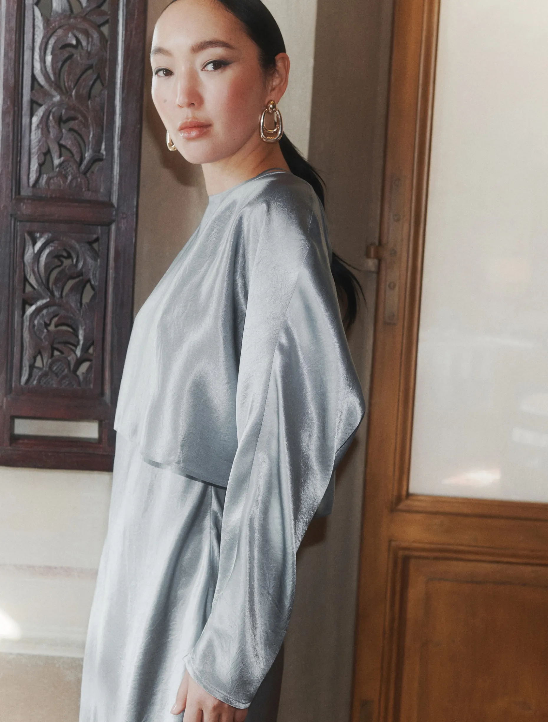 Blusa in raso leggero - AZZURRO POLVERE