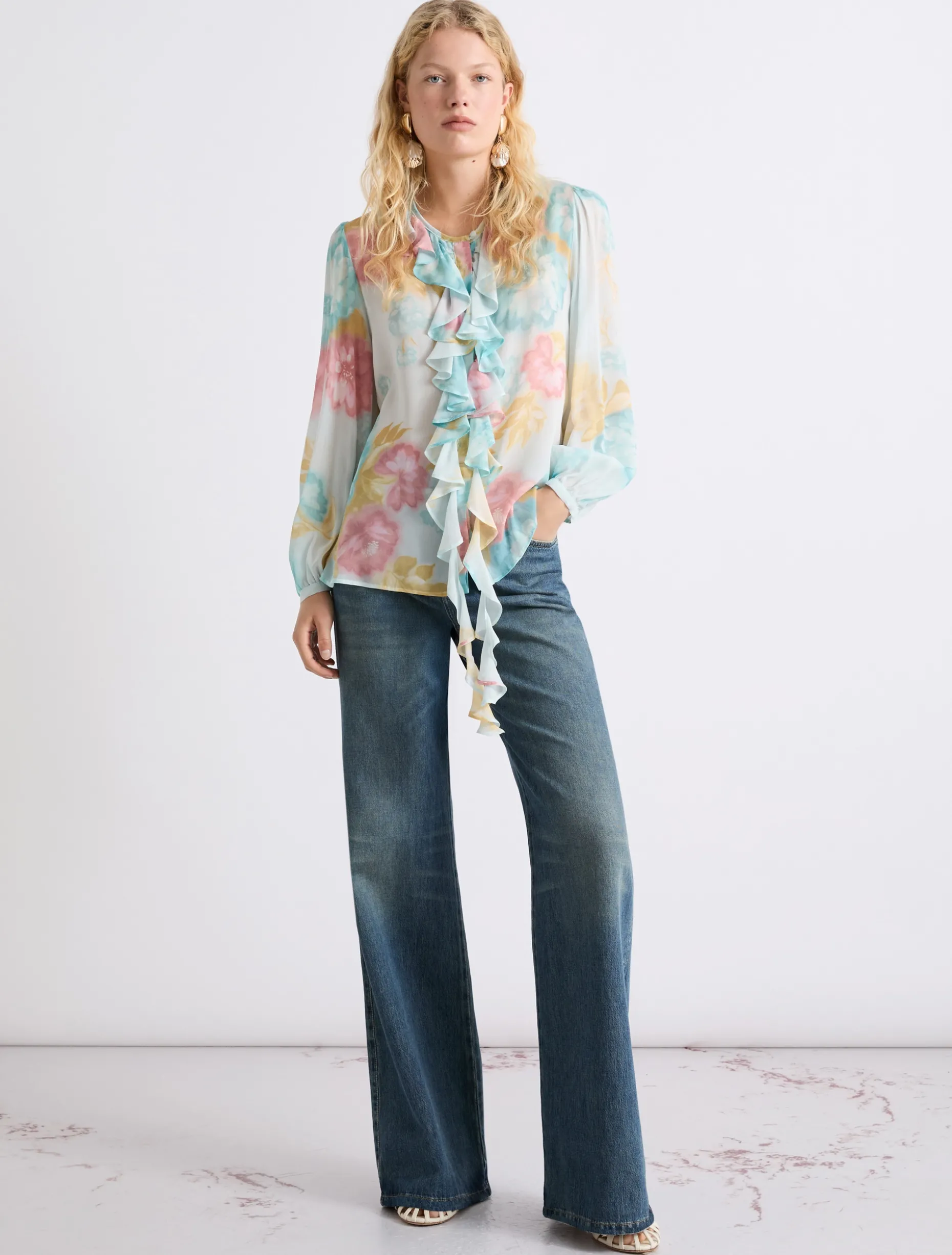 Camicia in georgette con rouche - TURCHESE