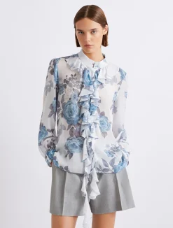 Camicia in georgette con rouche - AZZURRO