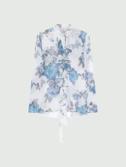 Camicia in georgette con rouche - AZZURRO