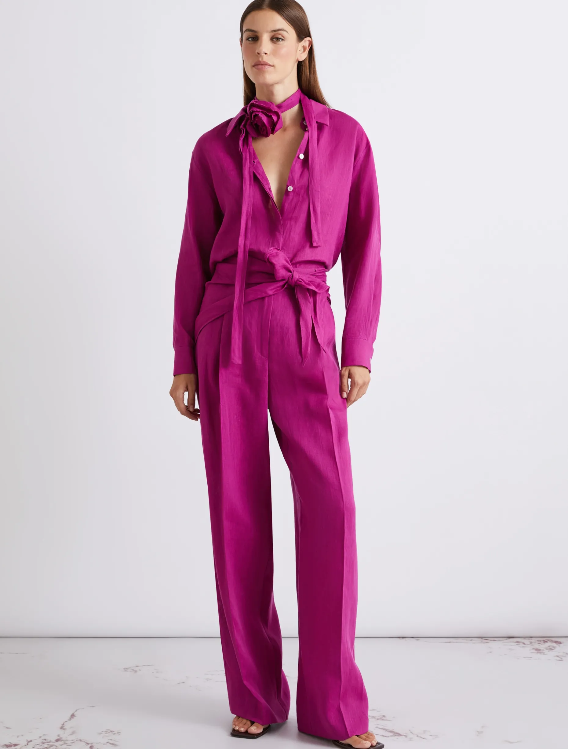 Camicia in puro lino con sciarpina - FUXIA