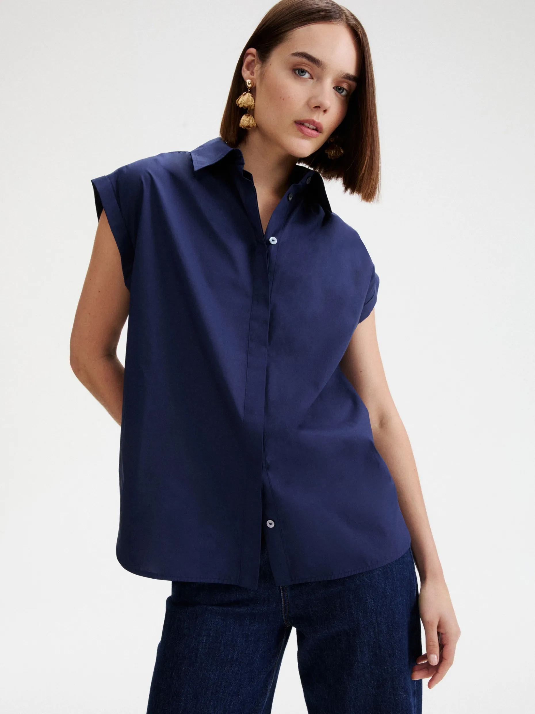Camicia smanicata in popeline - BLU