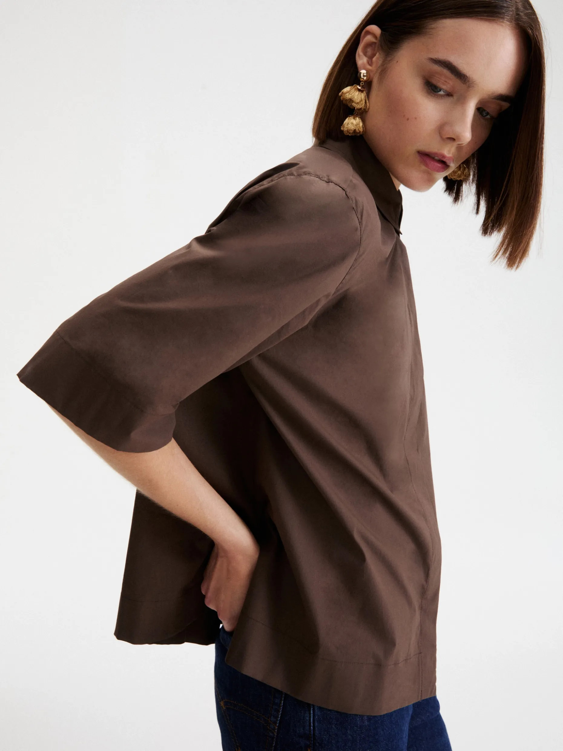 Camicia svasata in popeline - MARRONE