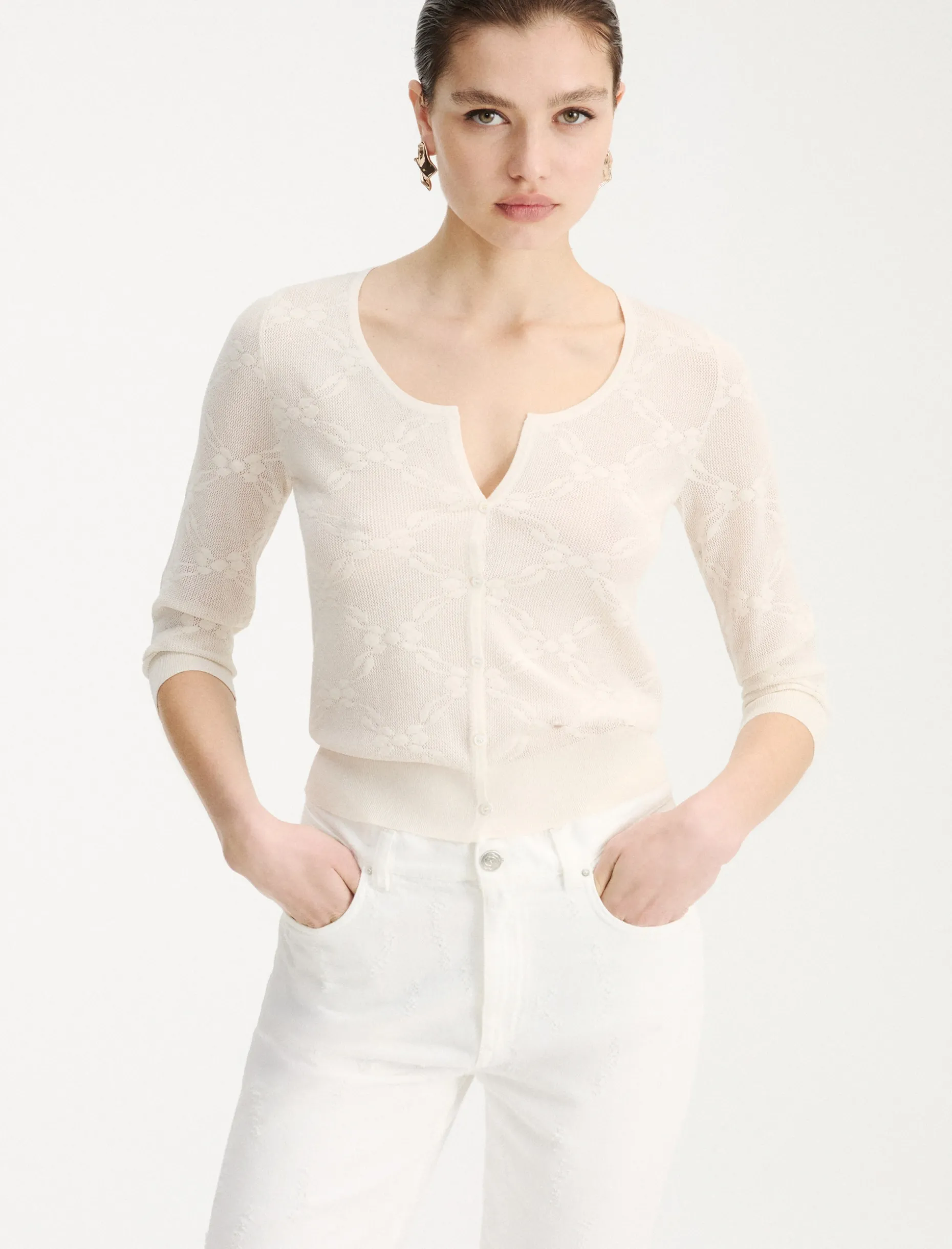 Cardigan in maglia pizzo ultra light - PANNA