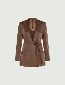 Giacca in twill con cintura - MARRONE