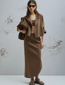 Giacca in viscosa e lino stretch - MARRONE