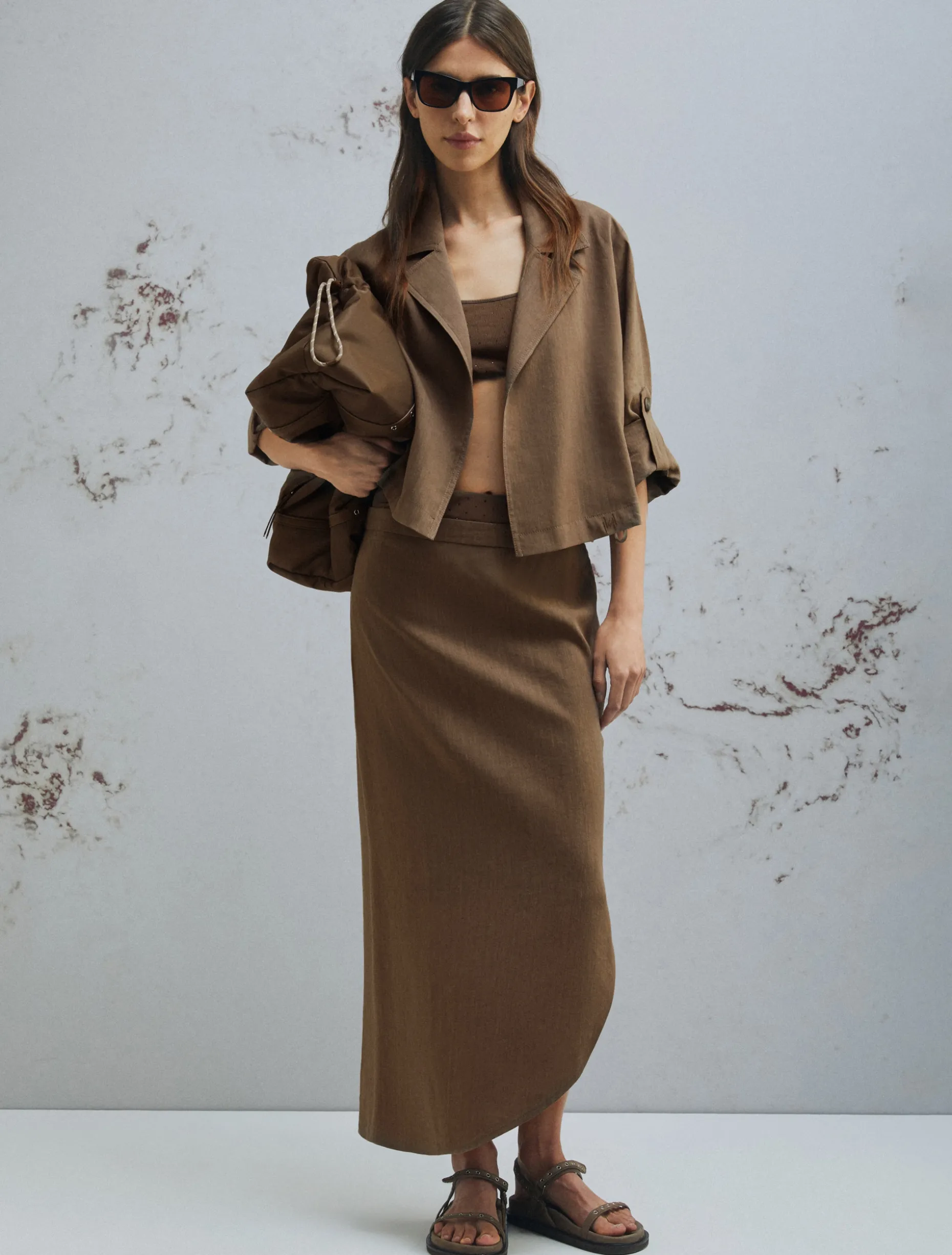 Giacca in viscosa e lino stretch - MARRONE