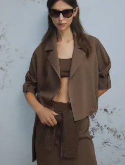 Giacca in viscosa e lino stretch - MARRONE
