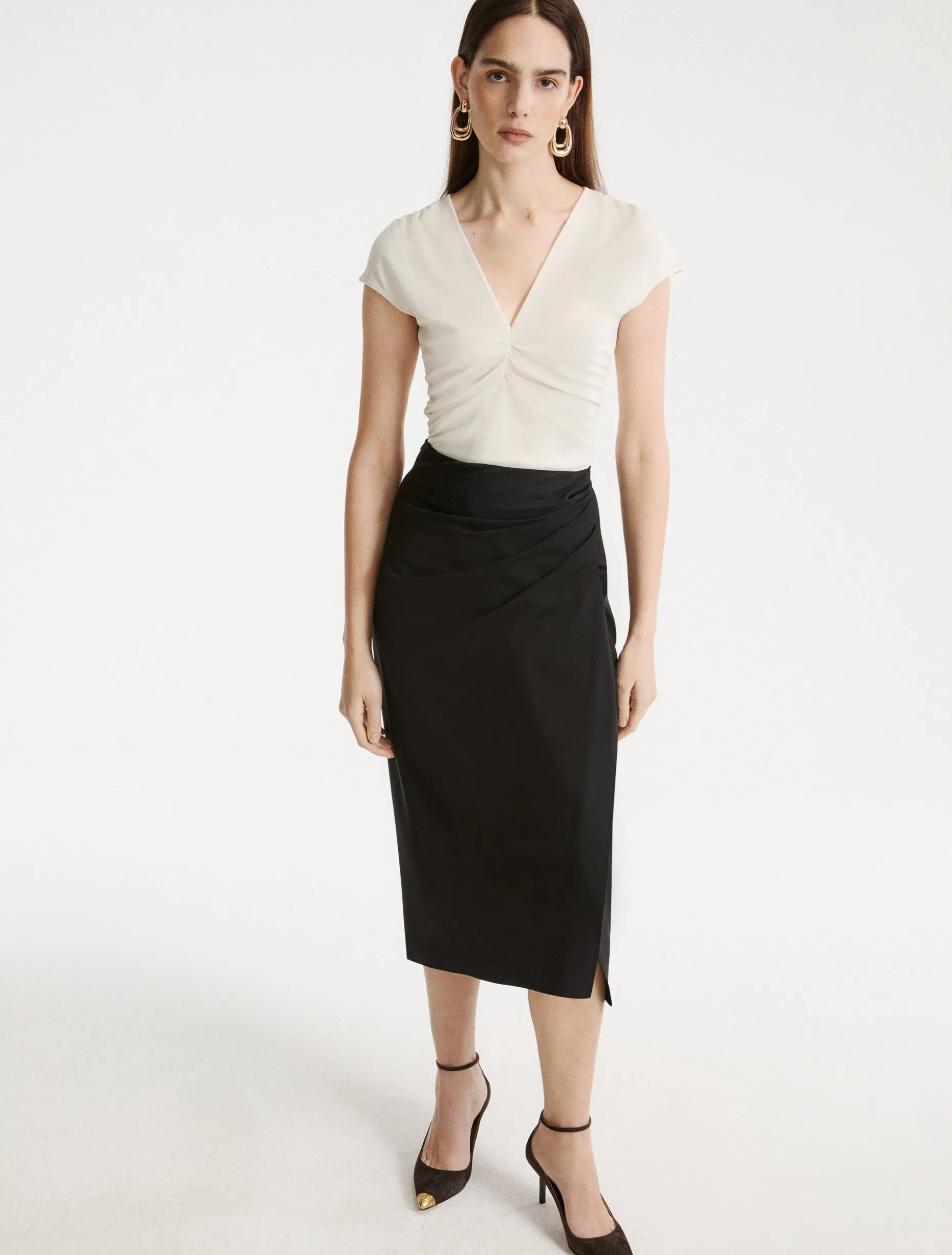 Gonna a tubino in lana stretch - NERO