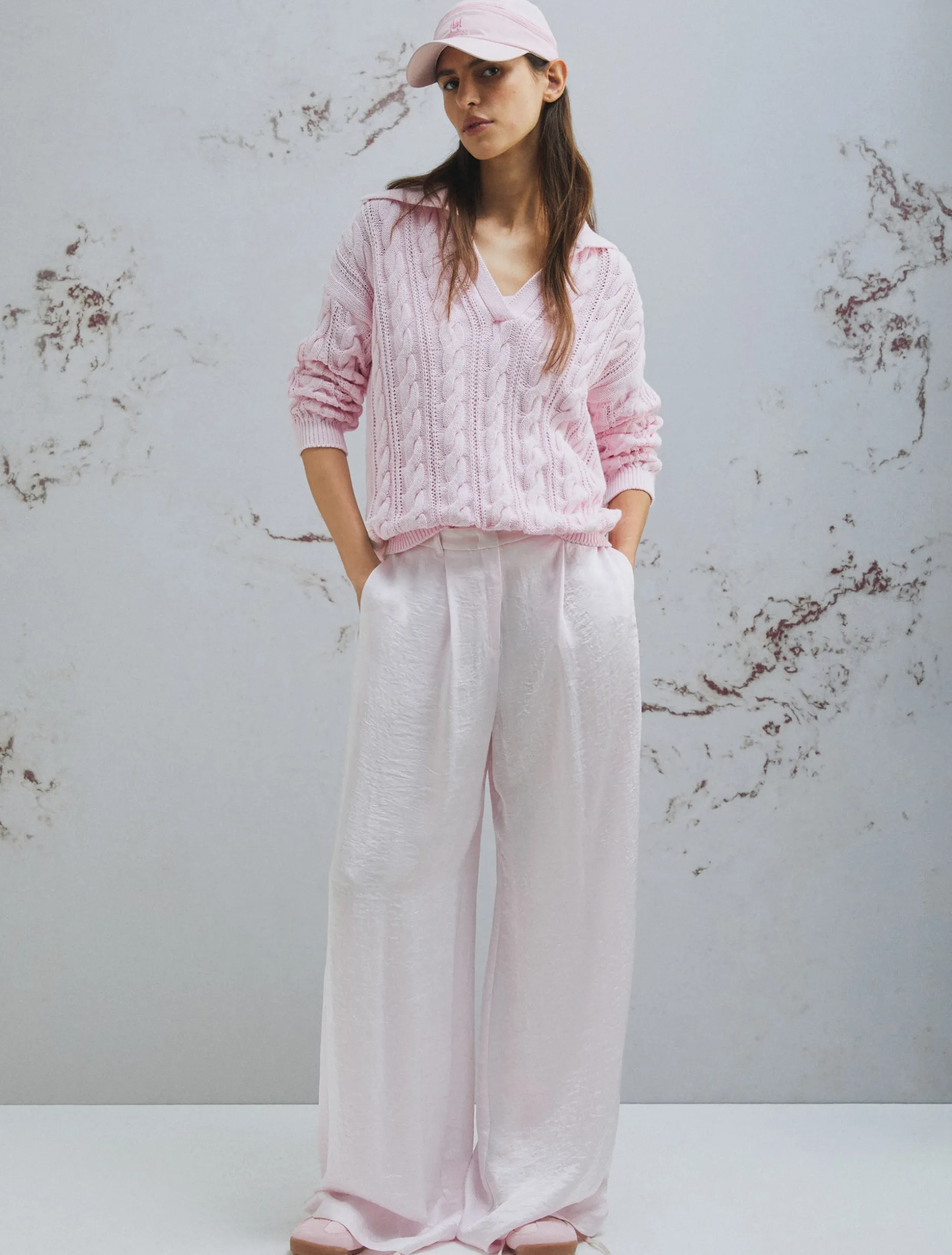 Maglia a polo in cotone cablé - ROSA