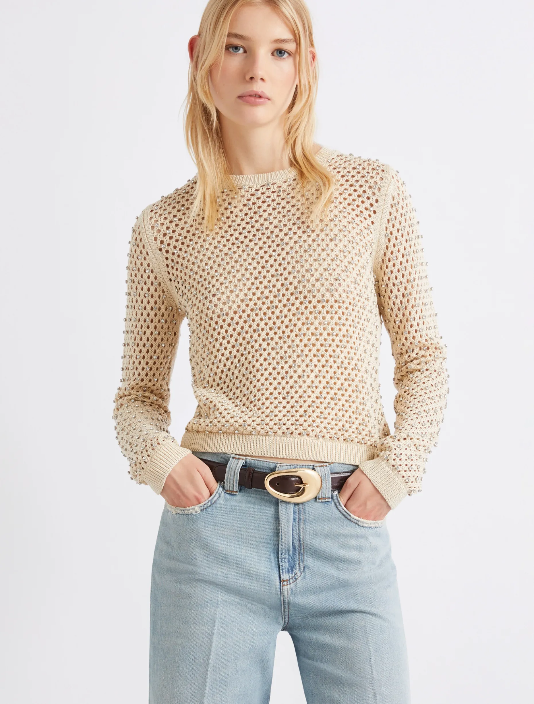 Maglia a rete con strass - BIANCO LANA