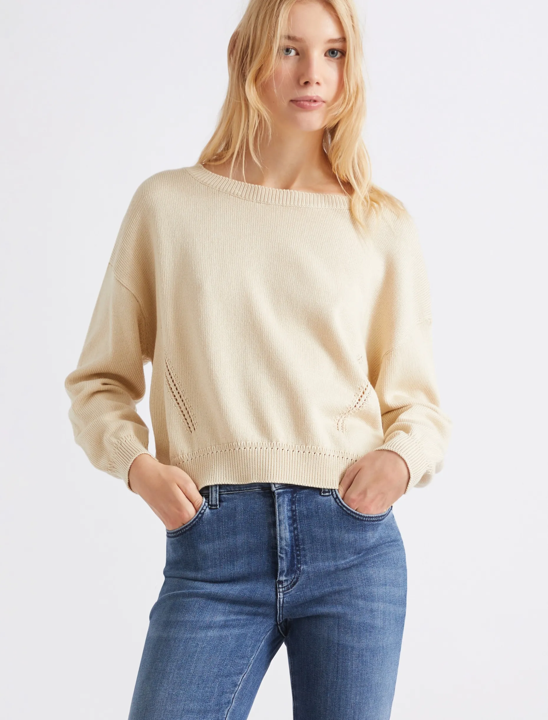 Maglia in cotone con scollo a barchetta - BIANCO LANA