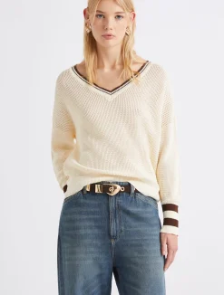 Maglia in cotone con scollo a V - BIANCO LANA