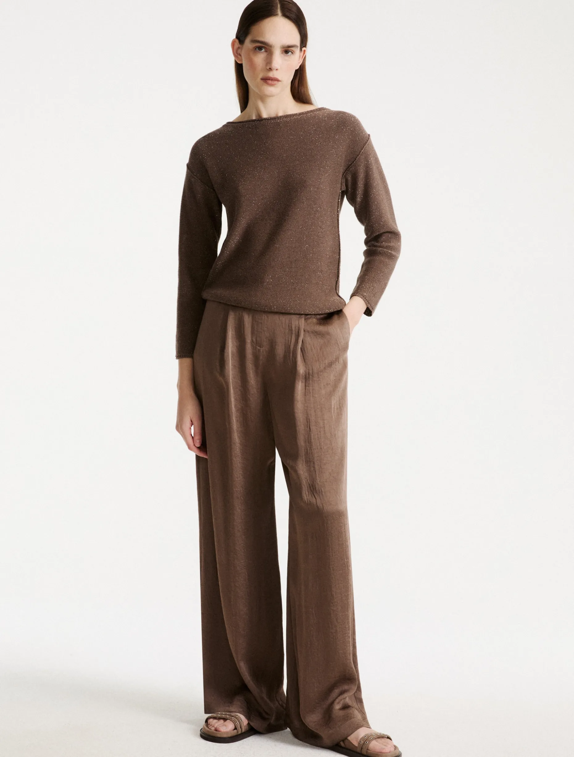 Pantalone ampio in twill crinckle - MARRONE
