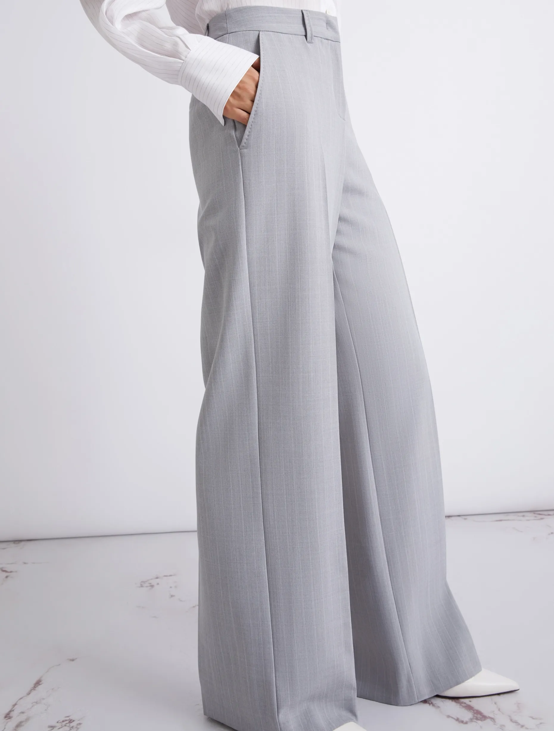 Pantalone dritto in tela stretch malfilé - GRIGIO CHIARO MELANGE
