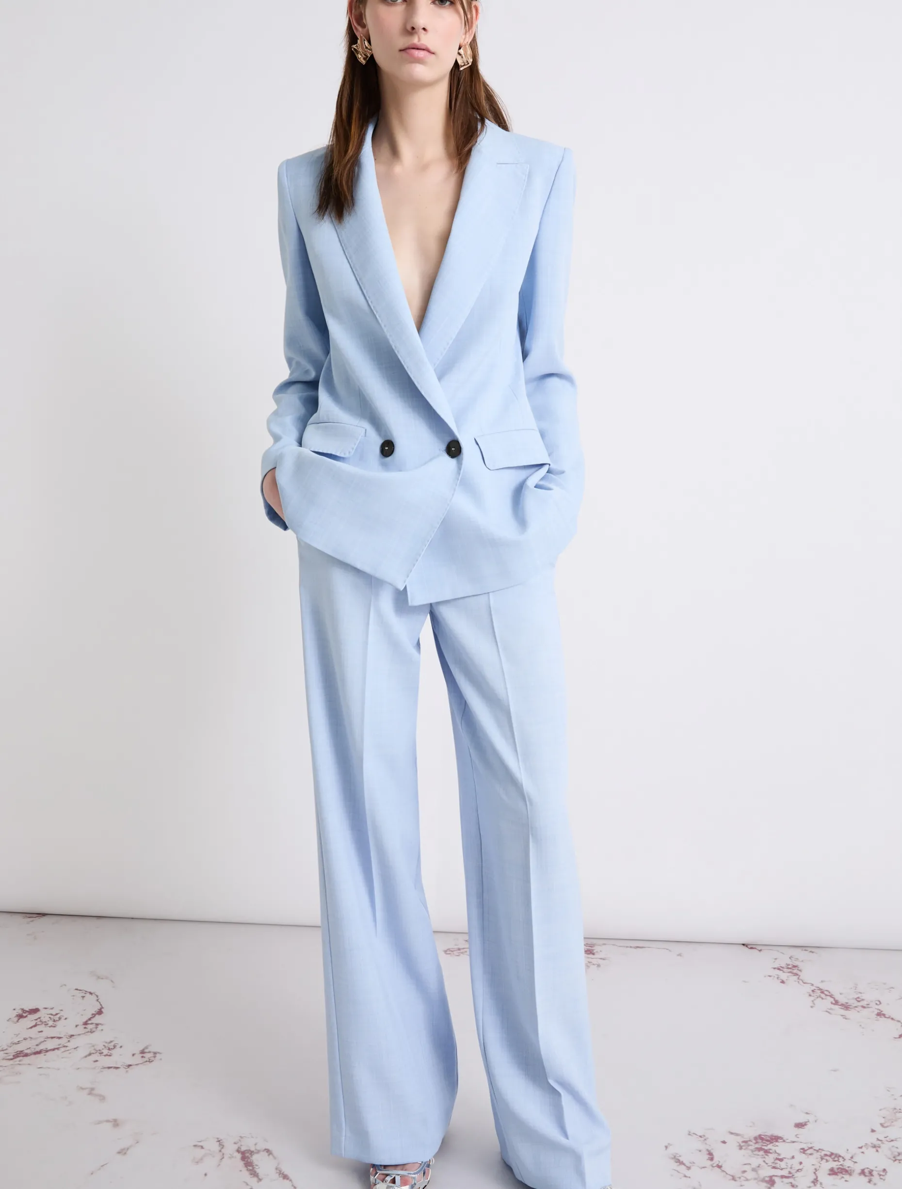 Pantalone dritto in tela stretch malfilé - AZZURRO