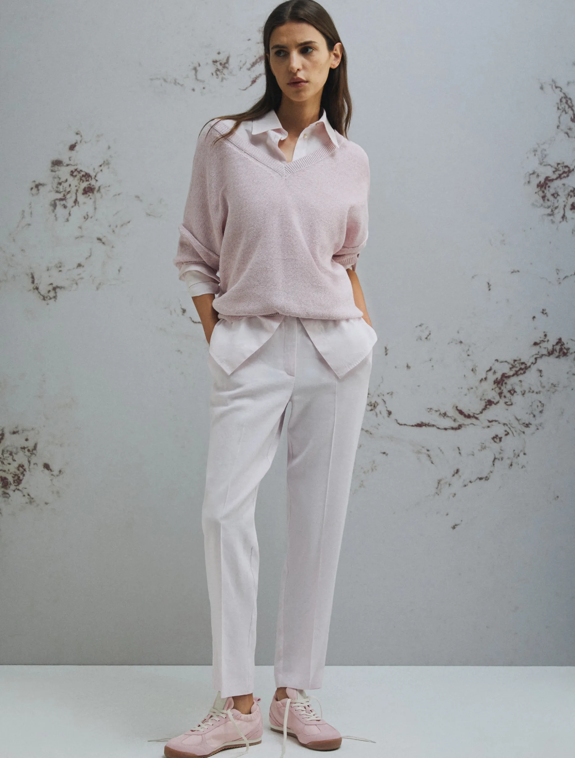 Pantalone in viscosa e lino stretch - ROSA