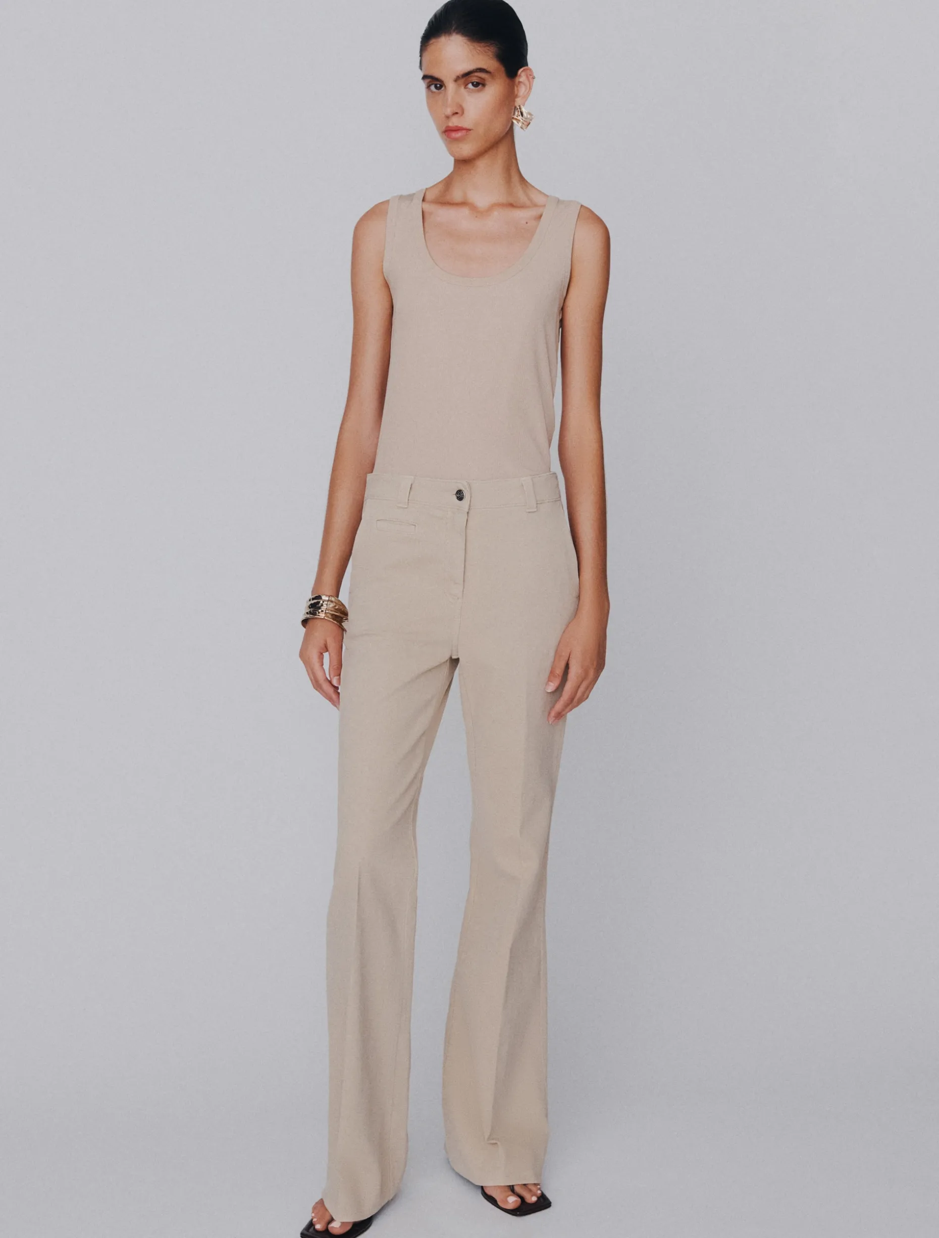 Pantalone wide leg in cotone stretch - BEIGE