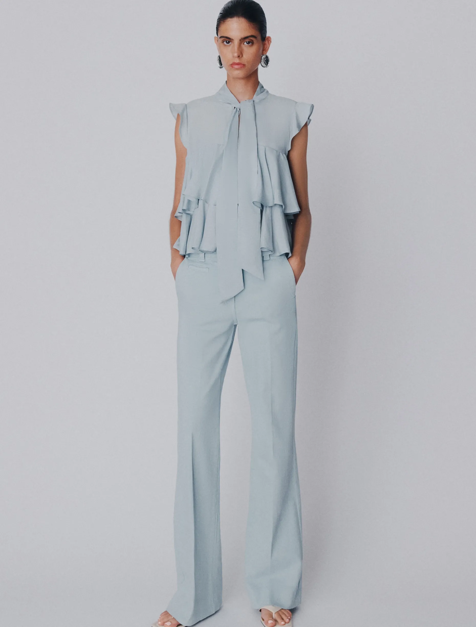 Pantalone wide leg in cotone stretch - AZZURRO