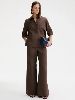 Pantalone wide leg in popeline - MARRONE