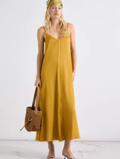 Slip dress in gabardina di misto lino - COGNAC