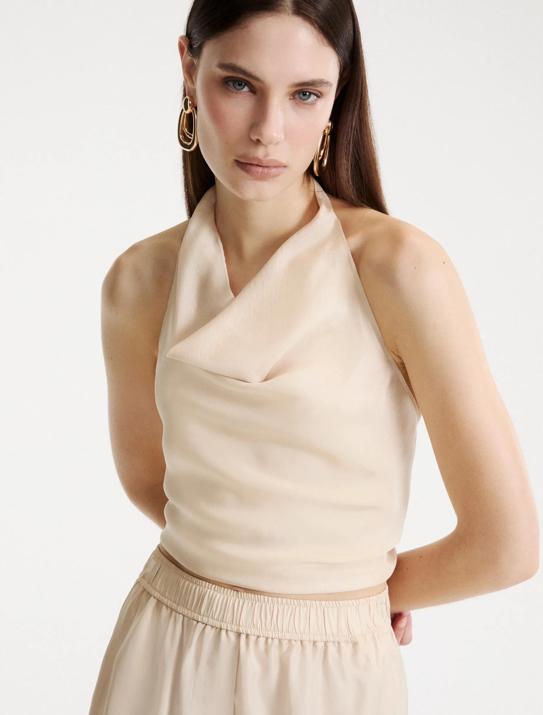 Top smanicato in twill - PANNA